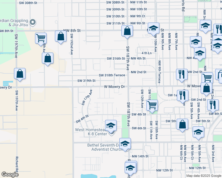 map of restaurants, bars, coffee shops, grocery stores, and more near 18815 Southwest 320th Street in Homestead