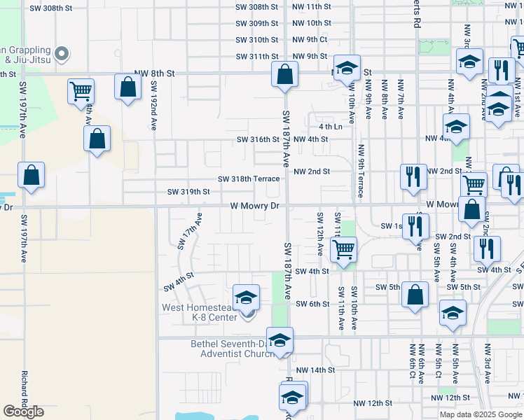 map of restaurants, bars, coffee shops, grocery stores, and more near 22 Southwest 14th Terrace in Homestead