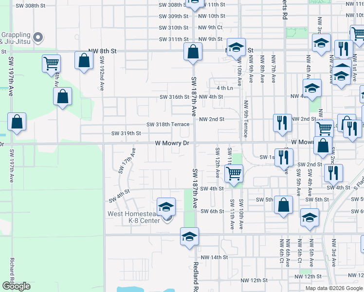 map of restaurants, bars, coffee shops, grocery stores, and more near 31942 Southwest 187th Court in Homestead