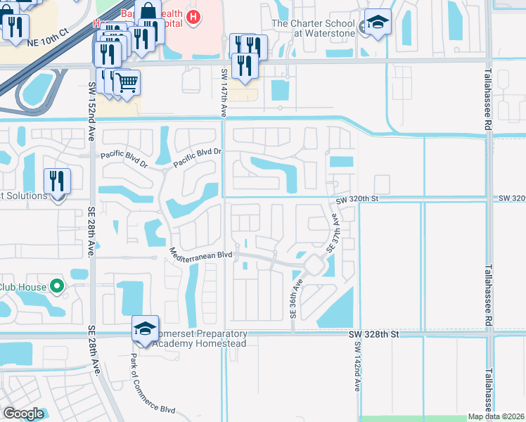 map of restaurants, bars, coffee shops, grocery stores, and more near 106 Southeast 32nd Terrace in Homestead