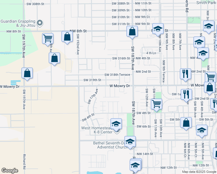 map of restaurants, bars, coffee shops, grocery stores, and more near 4 Southwest 15th Road in Homestead