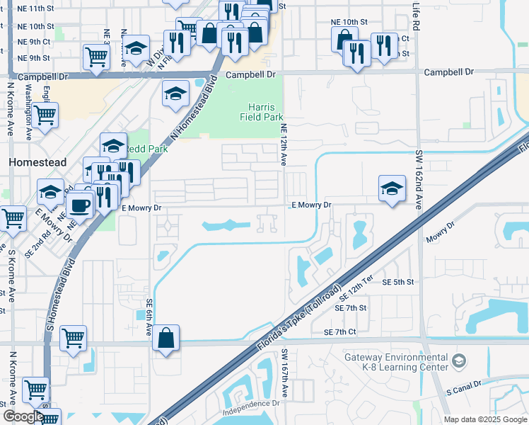 map of restaurants, bars, coffee shops, grocery stores, and more near 1112 East Mowry Drive in Homestead