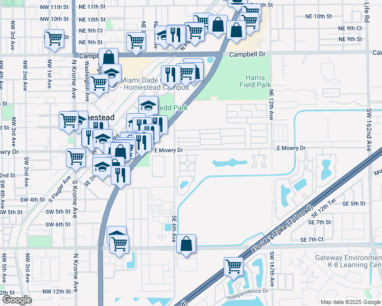 map of restaurants, bars, coffee shops, grocery stores, and more near 761 East Mowry Court in Homestead