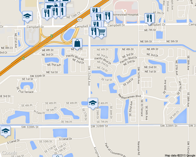 map of restaurants, bars, coffee shops, grocery stores, and more near 2853 Southeast 1st Drive in Homestead