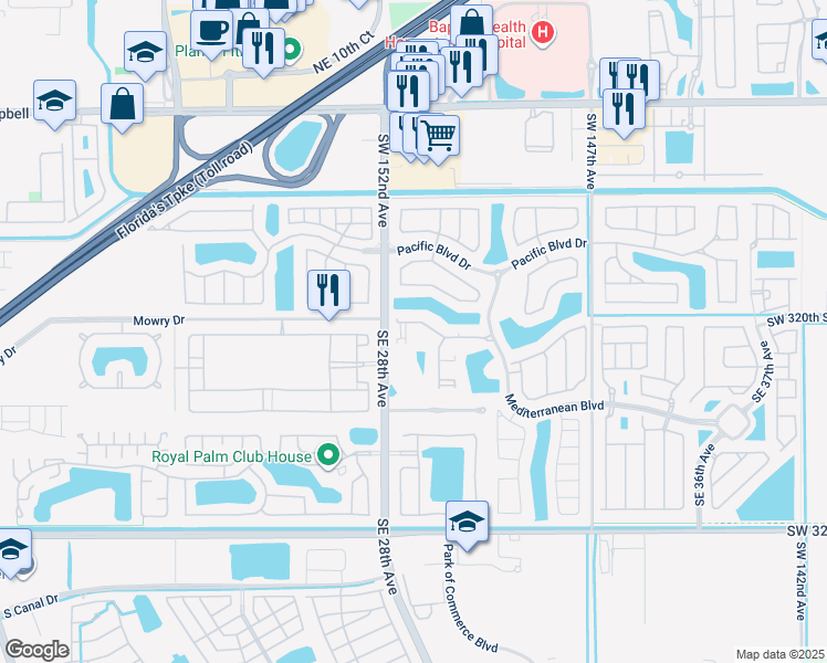 map of restaurants, bars, coffee shops, grocery stores, and more near 2853 Southeast 1st Drive in Homestead
