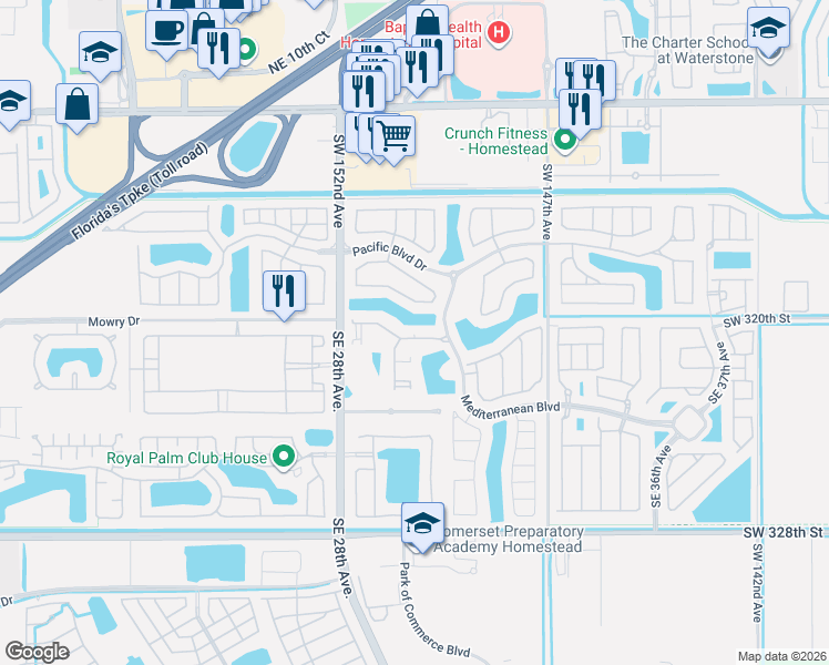 map of restaurants, bars, coffee shops, grocery stores, and more near 2935 Southeast 1st Drive in Homestead