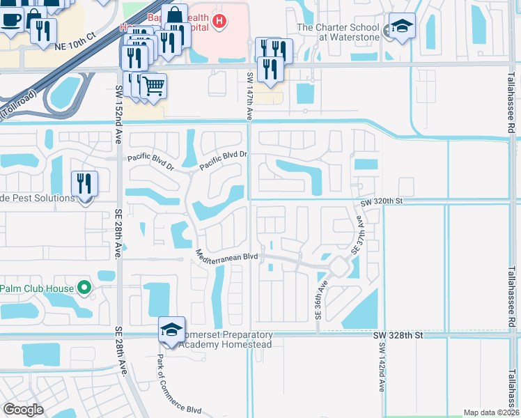 map of restaurants, bars, coffee shops, grocery stores, and more near 3375 Southeast 1st Street in Homestead