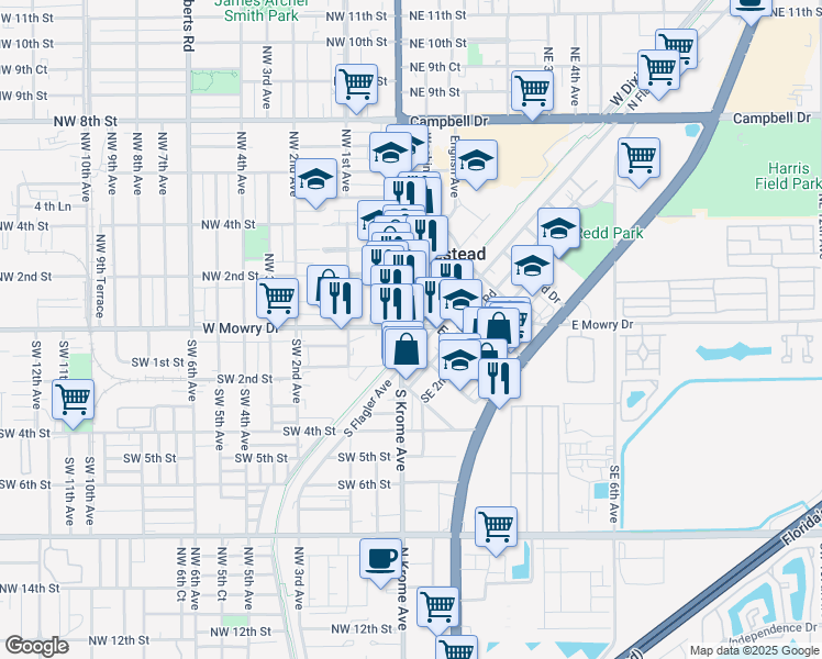 map of restaurants, bars, coffee shops, grocery stores, and more near 8 East Mowry Drive in Homestead