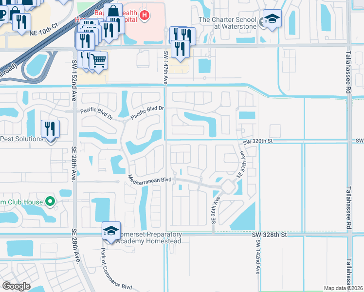 map of restaurants, bars, coffee shops, grocery stores, and more near 3375 Southeast 1st Street in Homestead