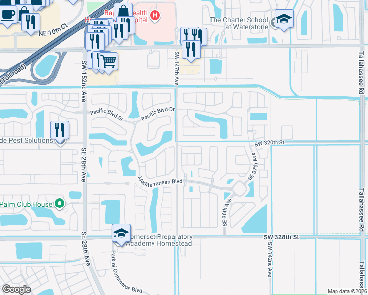 map of restaurants, bars, coffee shops, grocery stores, and more near 3375 Southeast 1st Street in Homestead