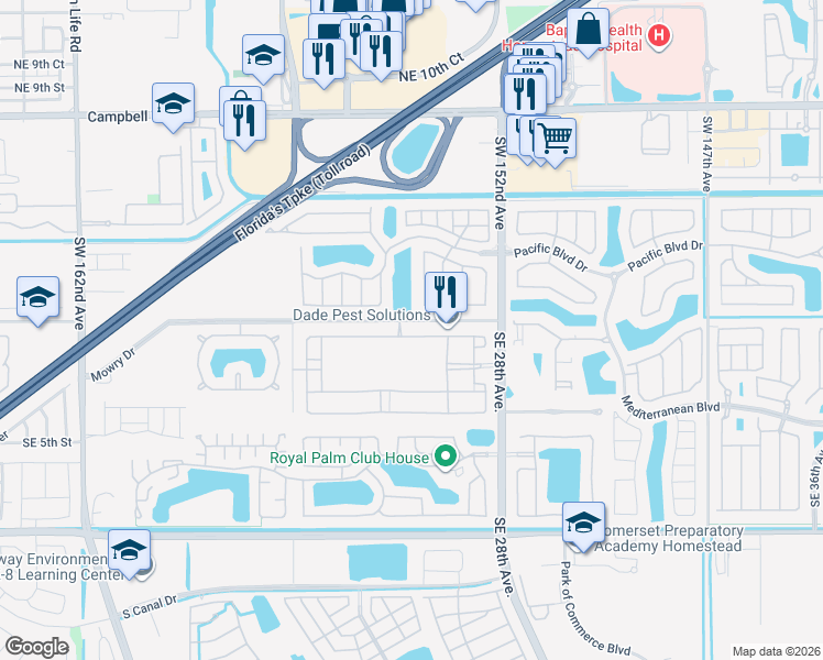 map of restaurants, bars, coffee shops, grocery stores, and more near 2640 Northeast 1st Street in Homestead