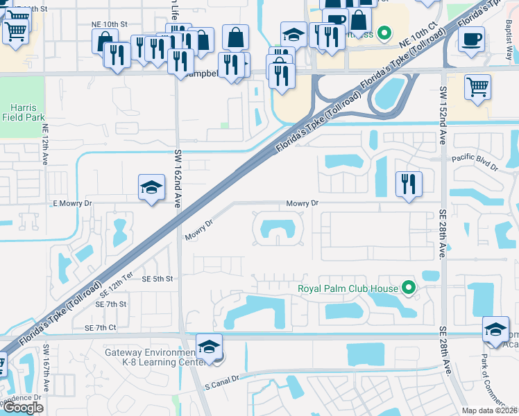 map of restaurants, bars, coffee shops, grocery stores, and more near 2155 Southeast 1st Street in Homestead