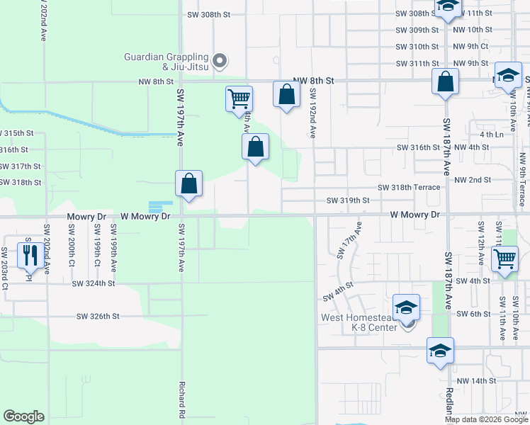 map of restaurants, bars, coffee shops, grocery stores, and more near 19335 West Mowry Drive in Homestead