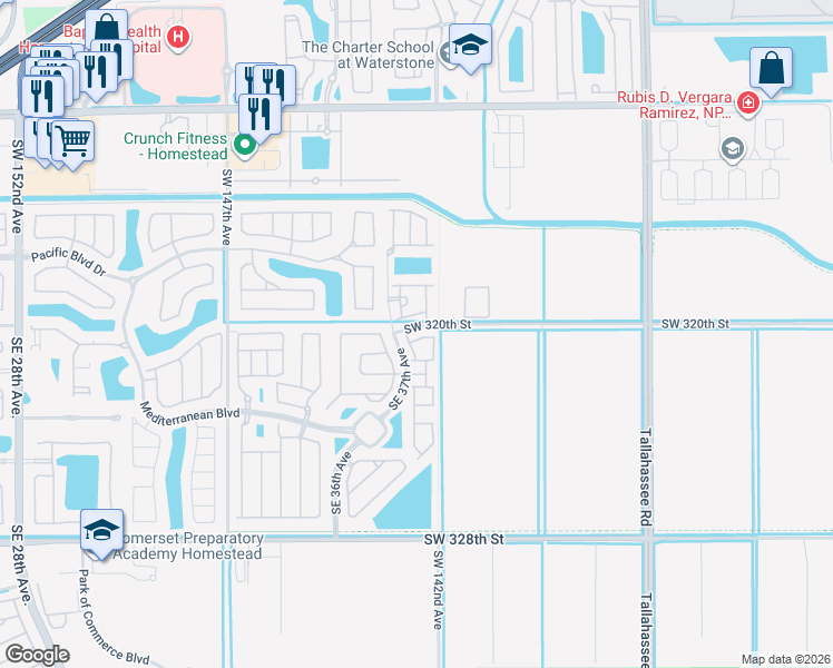map of restaurants, bars, coffee shops, grocery stores, and more near 3753 Southeast 1st Street in Homestead