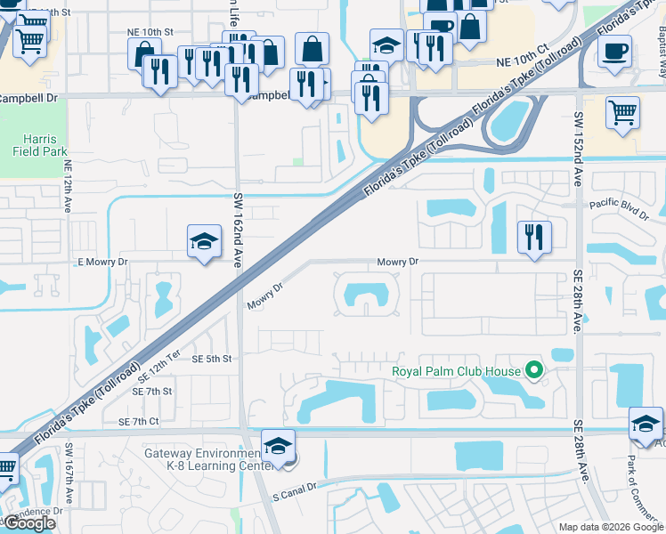 map of restaurants, bars, coffee shops, grocery stores, and more near 2155 Southeast 1st Street in Homestead