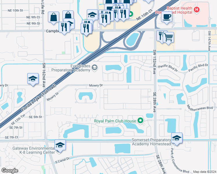 map of restaurants, bars, coffee shops, grocery stores, and more near 2425 Southeast 1st Street in Homestead