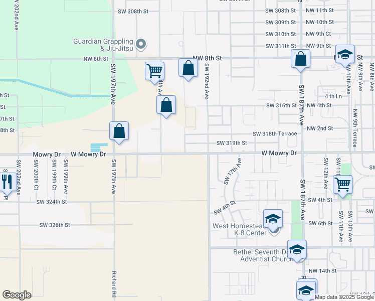 map of restaurants, bars, coffee shops, grocery stores, and more near 19275 Southwest 320th Street in Homestead