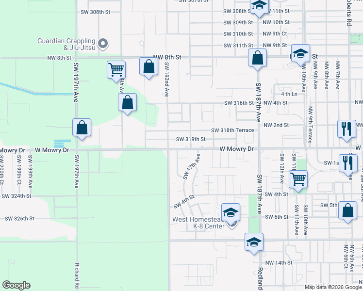 map of restaurants, bars, coffee shops, grocery stores, and more near 19065 Southwest 320th Street in Homestead