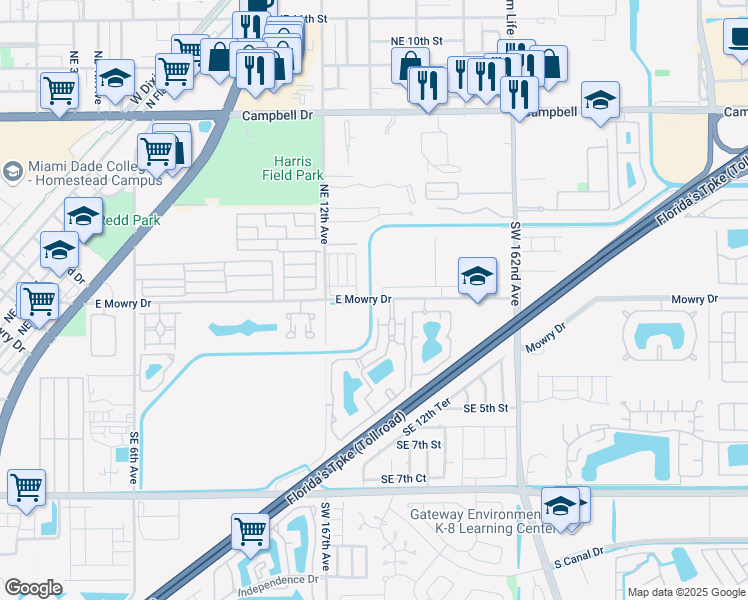 map of restaurants, bars, coffee shops, grocery stores, and more near 1526 East Mowry Drive in Homestead