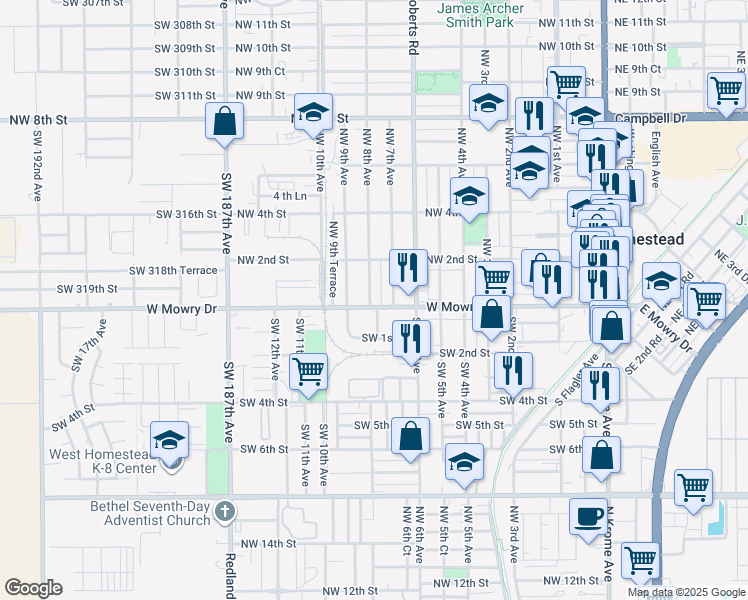 map of restaurants, bars, coffee shops, grocery stores, and more near 715 West Mowry Drive in Homestead