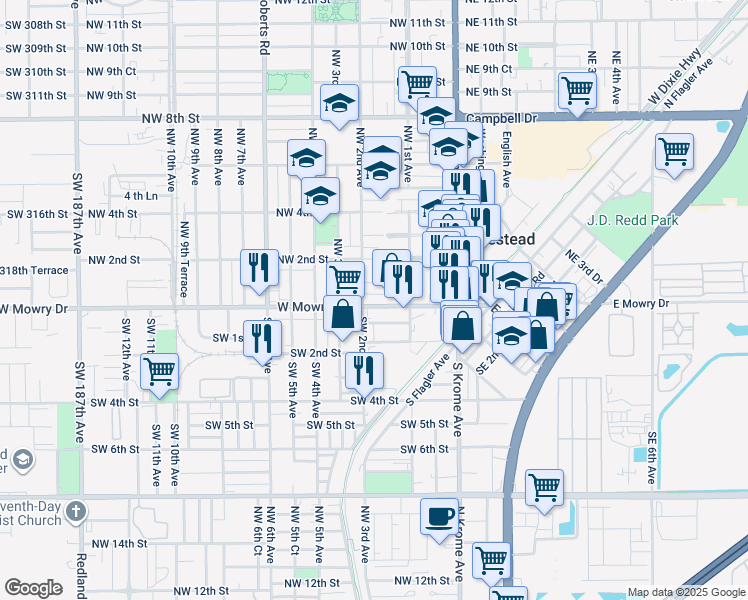 map of restaurants, bars, coffee shops, grocery stores, and more near 177 W Mowry Dr in Homestead