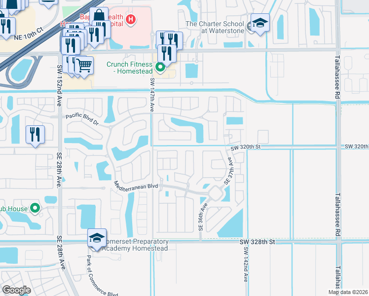 map of restaurants, bars, coffee shops, grocery stores, and more near 106 Southeast 32nd Terrace in Homestead