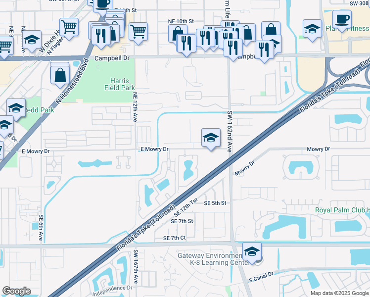 map of restaurants, bars, coffee shops, grocery stores, and more near 1604 Southwest 320th Street in Homestead