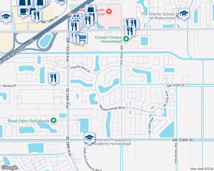map of restaurants, bars, coffee shops, grocery stores, and more near 3160 Northeast 1st Drive in Homestead