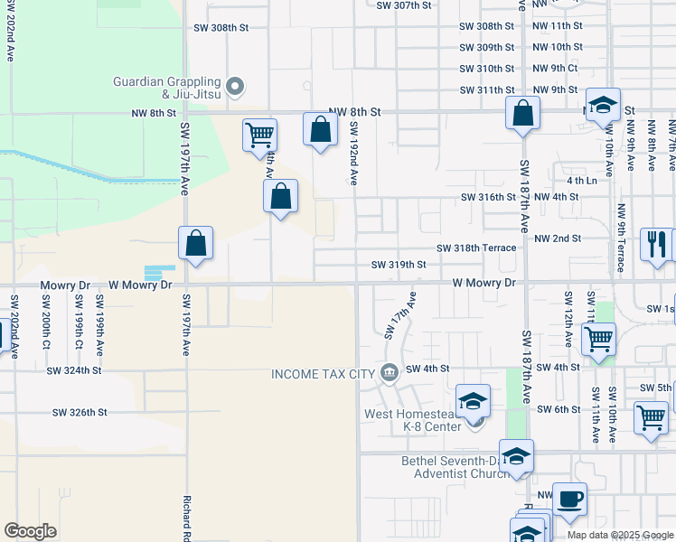 map of restaurants, bars, coffee shops, grocery stores, and more near 19205 Southwest 320th Street in Homestead