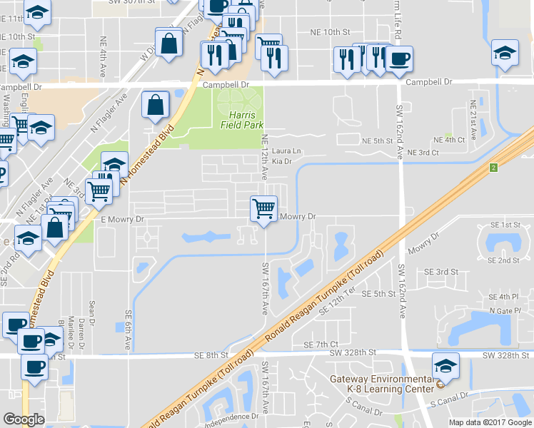 map of restaurants, bars, coffee shops, grocery stores, and more near 25 Northeast 12th Avenue in Homestead
