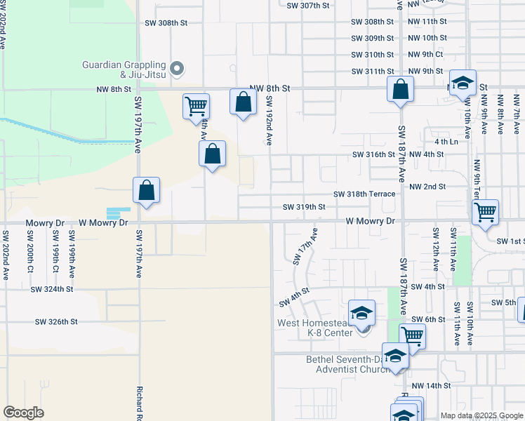 map of restaurants, bars, coffee shops, grocery stores, and more near 19220 Southwest 319th Street in Homestead