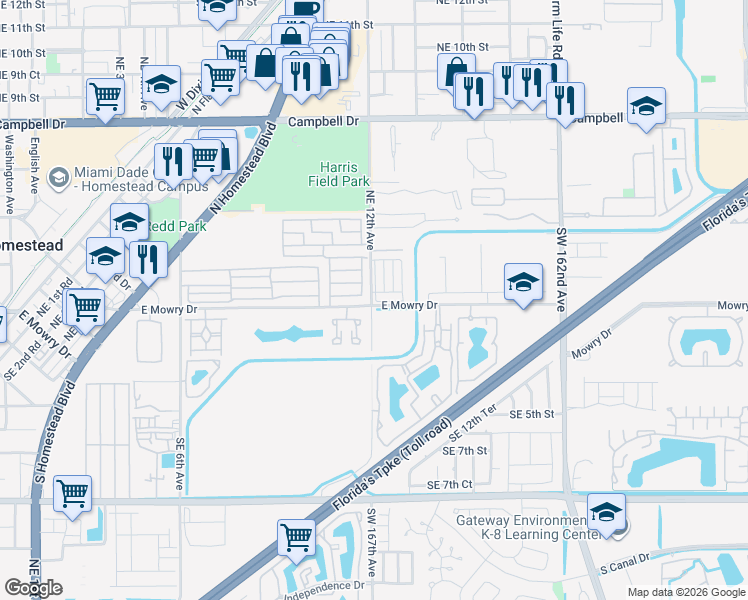 map of restaurants, bars, coffee shops, grocery stores, and more near 25 Northeast 12th Avenue in Homestead