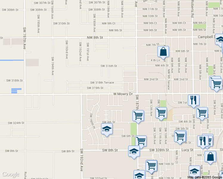 map of restaurants, bars, coffee shops, grocery stores, and more near 18895 Southwest 320th Street in Homestead