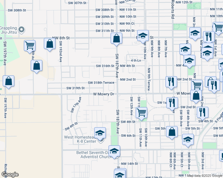 map of restaurants, bars, coffee shops, grocery stores, and more near 31942 Southwest 187th Court in Homestead