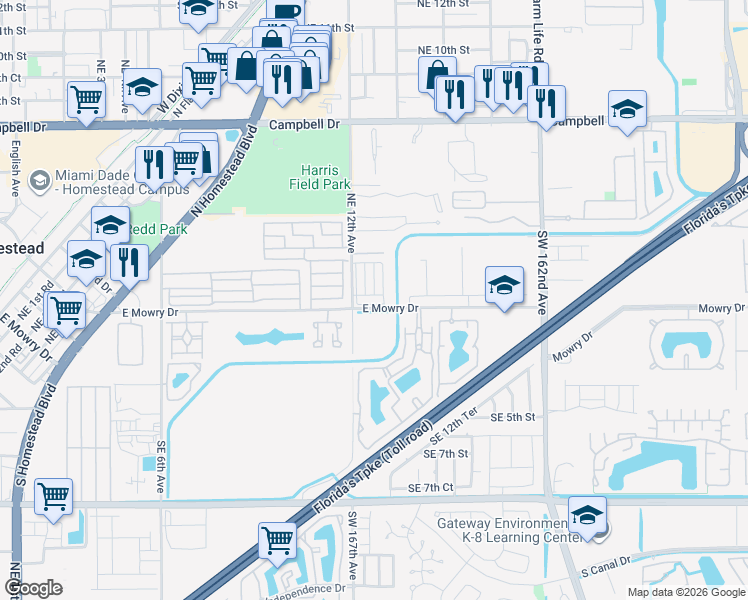 map of restaurants, bars, coffee shops, grocery stores, and more near 25 Northeast 12th Avenue in Homestead