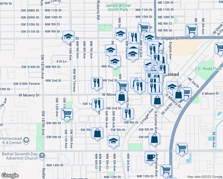 map of restaurants, bars, coffee shops, grocery stores, and more near 32 Northwest 4th Avenue in Homestead