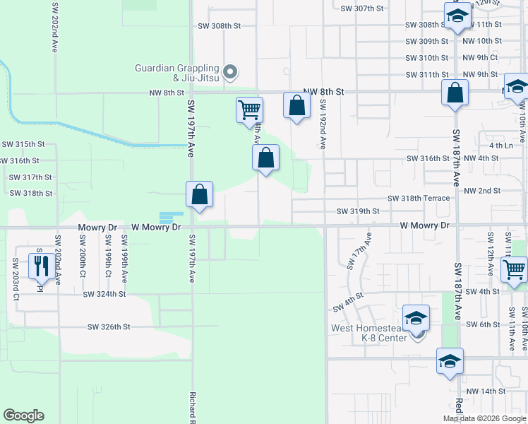 map of restaurants, bars, coffee shops, grocery stores, and more near 19335 West Mowry Drive in Homestead