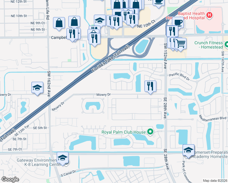 map of restaurants, bars, coffee shops, grocery stores, and more near 2425 Southeast 1st Street in Homestead