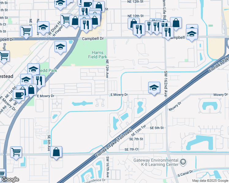 map of restaurants, bars, coffee shops, grocery stores, and more near 33 Northeast 12th Avenue in Homestead