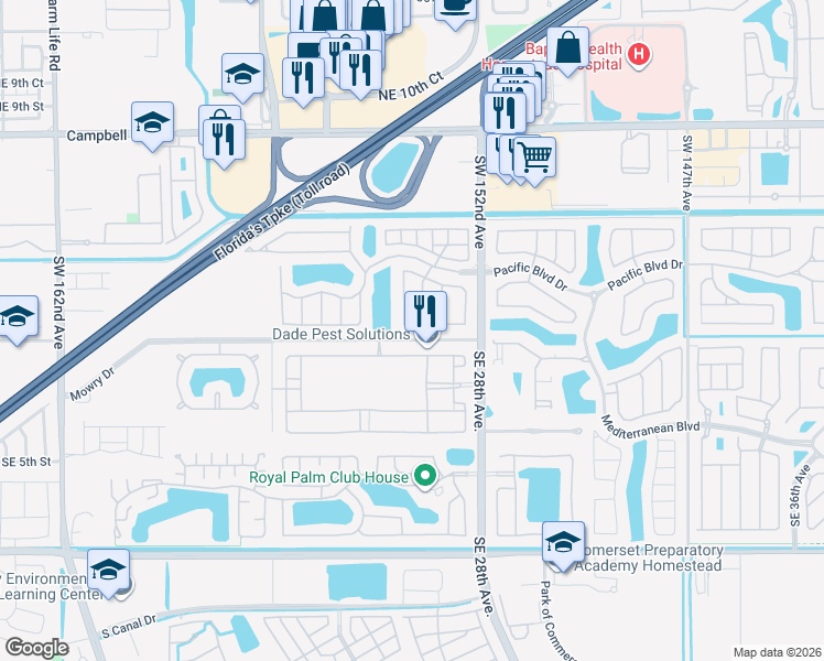 map of restaurants, bars, coffee shops, grocery stores, and more near 2640 Northeast 1st Street in Homestead