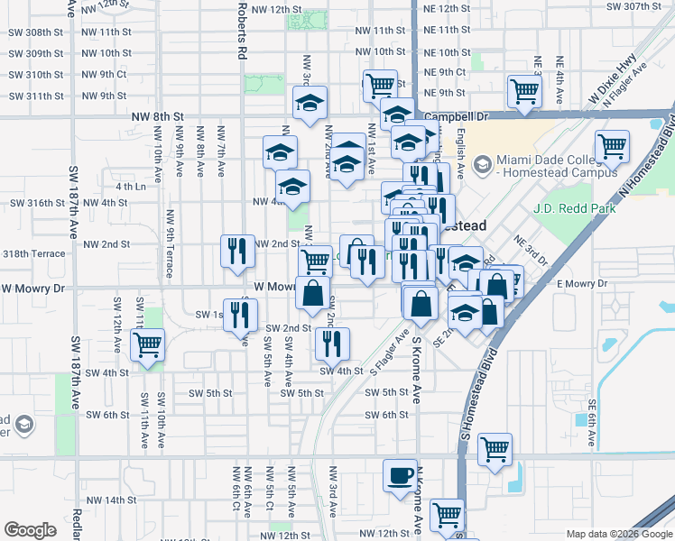 map of restaurants, bars, coffee shops, grocery stores, and more near 177 West Mowry Drive in Homestead