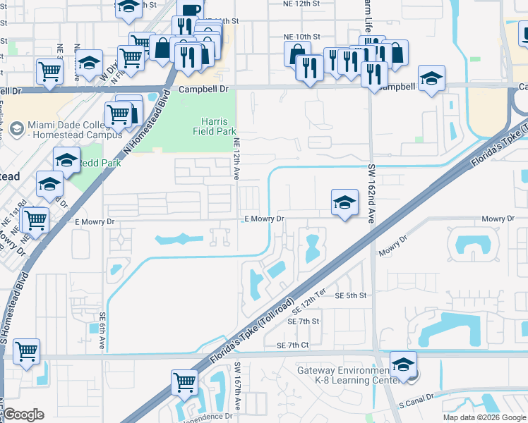 map of restaurants, bars, coffee shops, grocery stores, and more near 1526 East Mowry Drive in Homestead