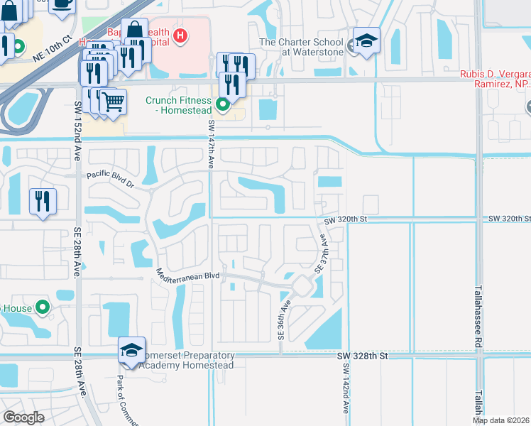 map of restaurants, bars, coffee shops, grocery stores, and more near 106 Southeast 32nd Terrace in Homestead