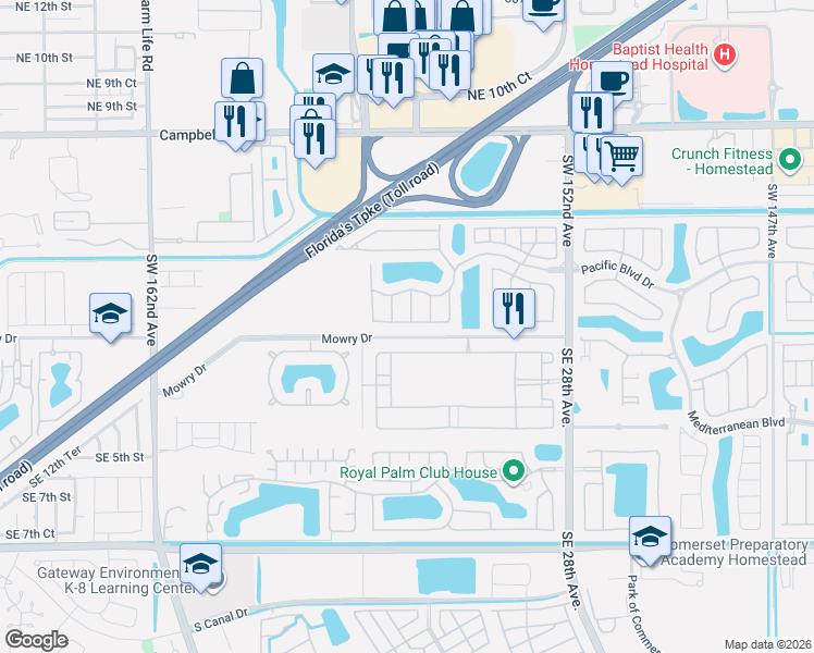 map of restaurants, bars, coffee shops, grocery stores, and more near 2474 Northeast 1st Street in Homestead