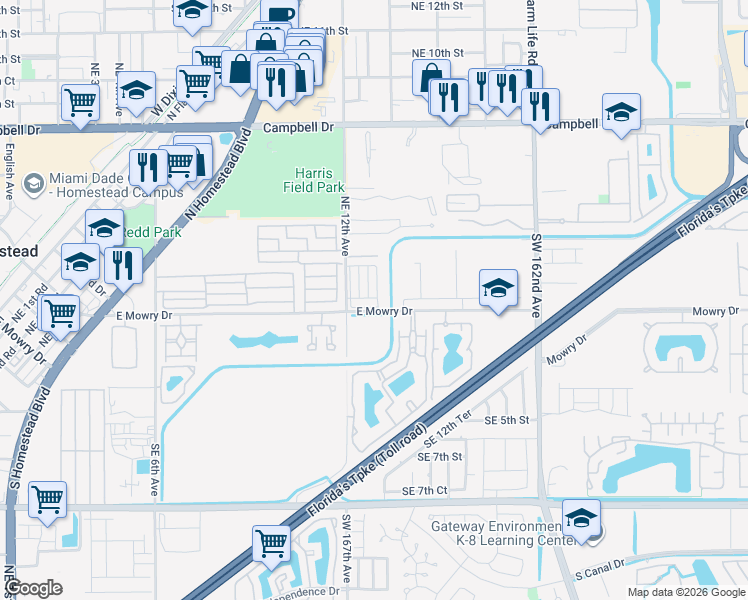 map of restaurants, bars, coffee shops, grocery stores, and more near 25 Northeast 12th Avenue in Homestead