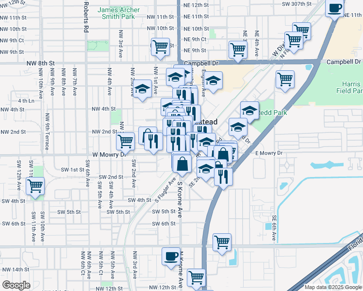map of restaurants, bars, coffee shops, grocery stores, and more near 8 East Mowry Drive in Homestead