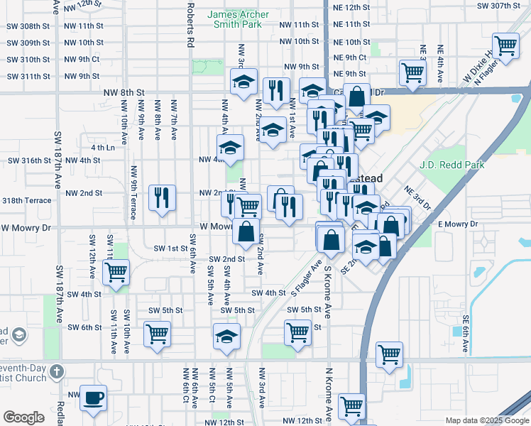 map of restaurants, bars, coffee shops, grocery stores, and more near 177 West Mowry Drive in Homestead