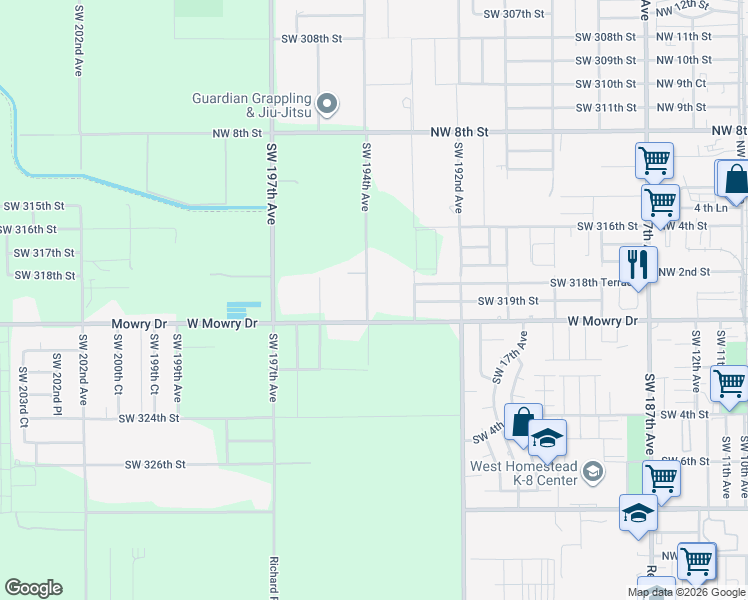 map of restaurants, bars, coffee shops, grocery stores, and more near 19335 West Mowry Drive in Homestead