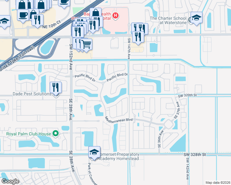 map of restaurants, bars, coffee shops, grocery stores, and more near 3170 Northeast 1st Drive in Homestead