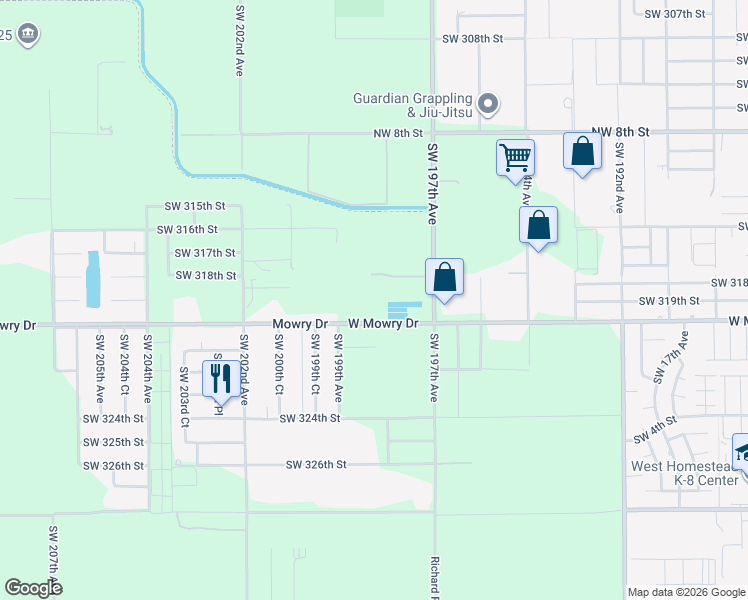 map of restaurants, bars, coffee shops, grocery stores, and more near 19801 Southwest 320th Street in Homestead